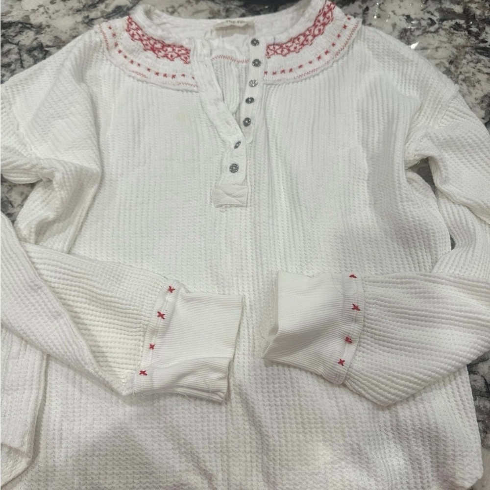 We The Free White Waffle Knit Henley with Red Embroidery
